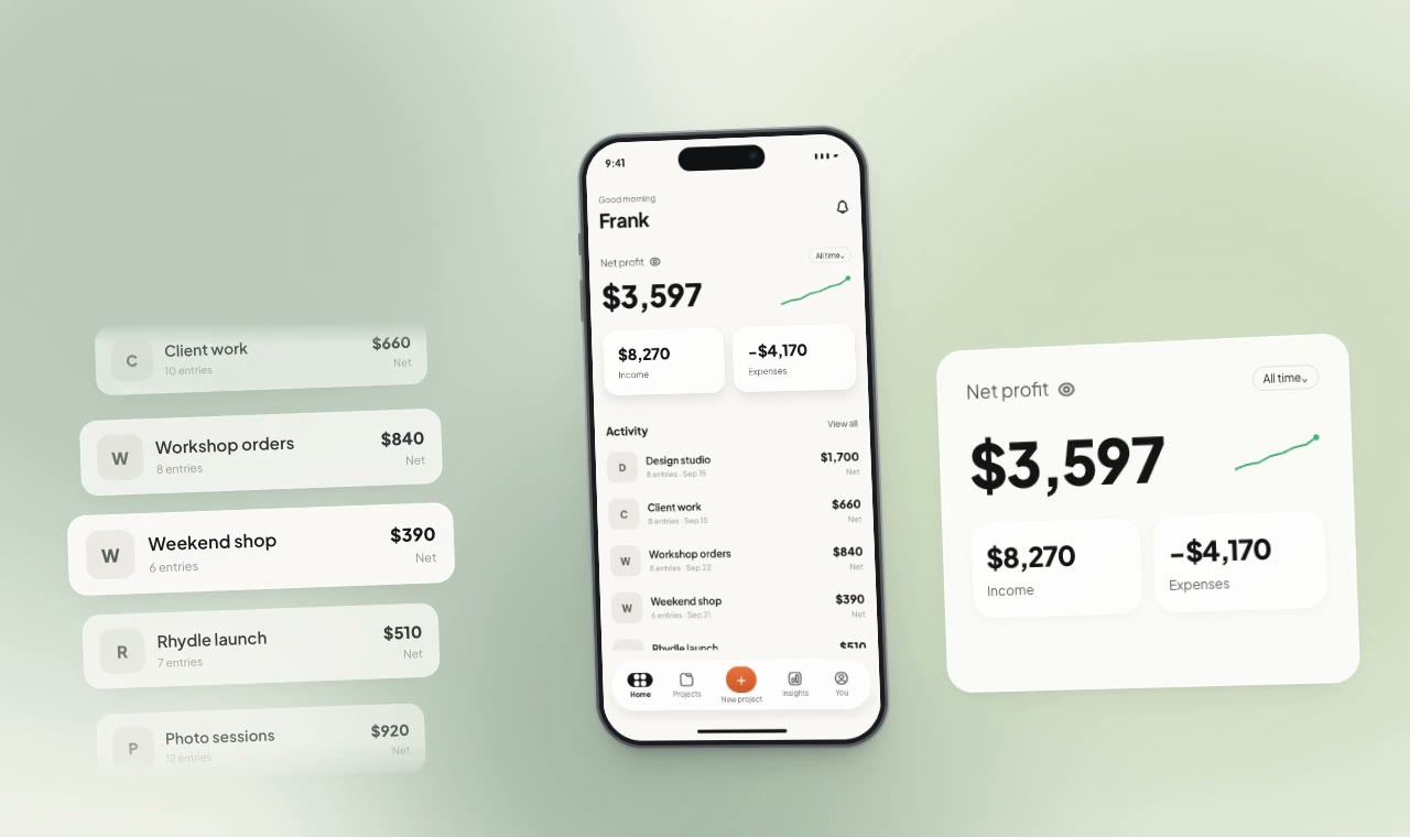 Rhydle walkthrough showing projects, income, expenses, goals and exports
